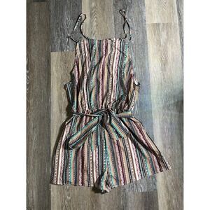 Multicolor Geometric Tribal Print Sleeveless Romper with Tie Waist Belt
